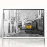 Mid-century modernist art depicting Lisbon's skyline in muted blue tones on a framed acrylic, ideal for nursery wall art.