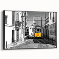 Black and white framed canvas of Lisbon landscape, featuring vintage poster art style, ideal for bedroom wall decor.
