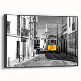 Black and white framed canvas of Lisbon landscape, featuring vintage poster art style, ideal for bedroom wall decor.