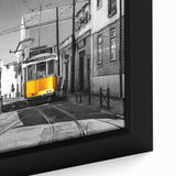Black wall art featuring a textured, colorful Lisbon scenery on extra large framed canvas, ideal for living room decor.