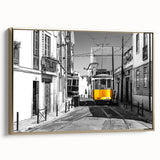 Framed canvas of Lisbon landscape in muted gold and black tones, ideal for bedroom wall art.
