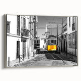 Framed canvas featuring a vintage-style Lisbon landscape with colorful buildings under a black sky.