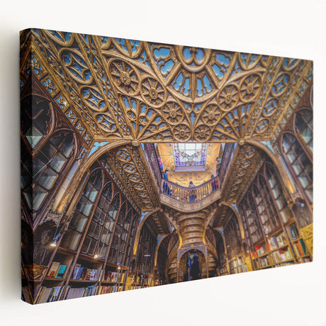 Side view of a stretched canvas depicting Porto, Portugal, in vibrant twilight hues, ideal for kitchen wall art.
