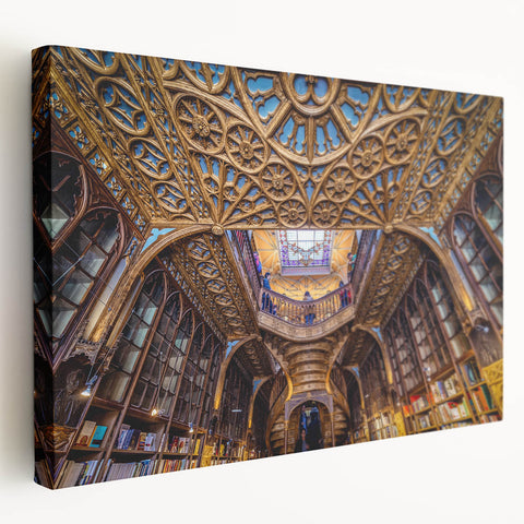 Side view of a stretched canvas depicting Porto, Portugal, in vibrant twilight hues, ideal for kitchen wall art.