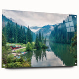 Acrylic glass print of a Romanian landscape in serene blue and green tones, ideal for bedroom or dining room decor.