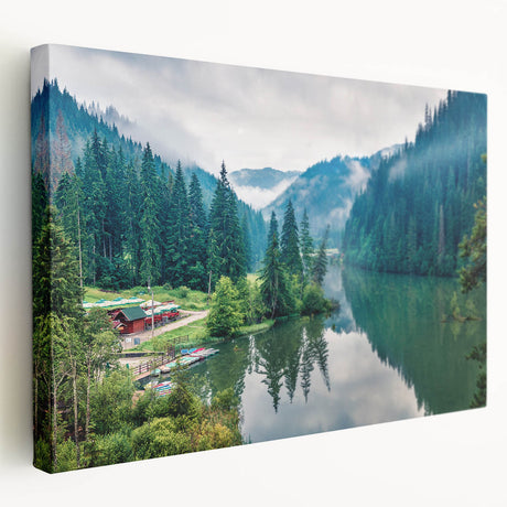Large canvas print of a scenic Romanian landscape in soft green and blue tones, ideal for kitchen wall art.