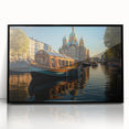 Large abstract wall art of a European cityscape in muted grays and blues, framed in black acrylic.