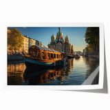 Extra large rolled print of a European cityscape in muted gray and blue tones, ideal for dining room wall art.