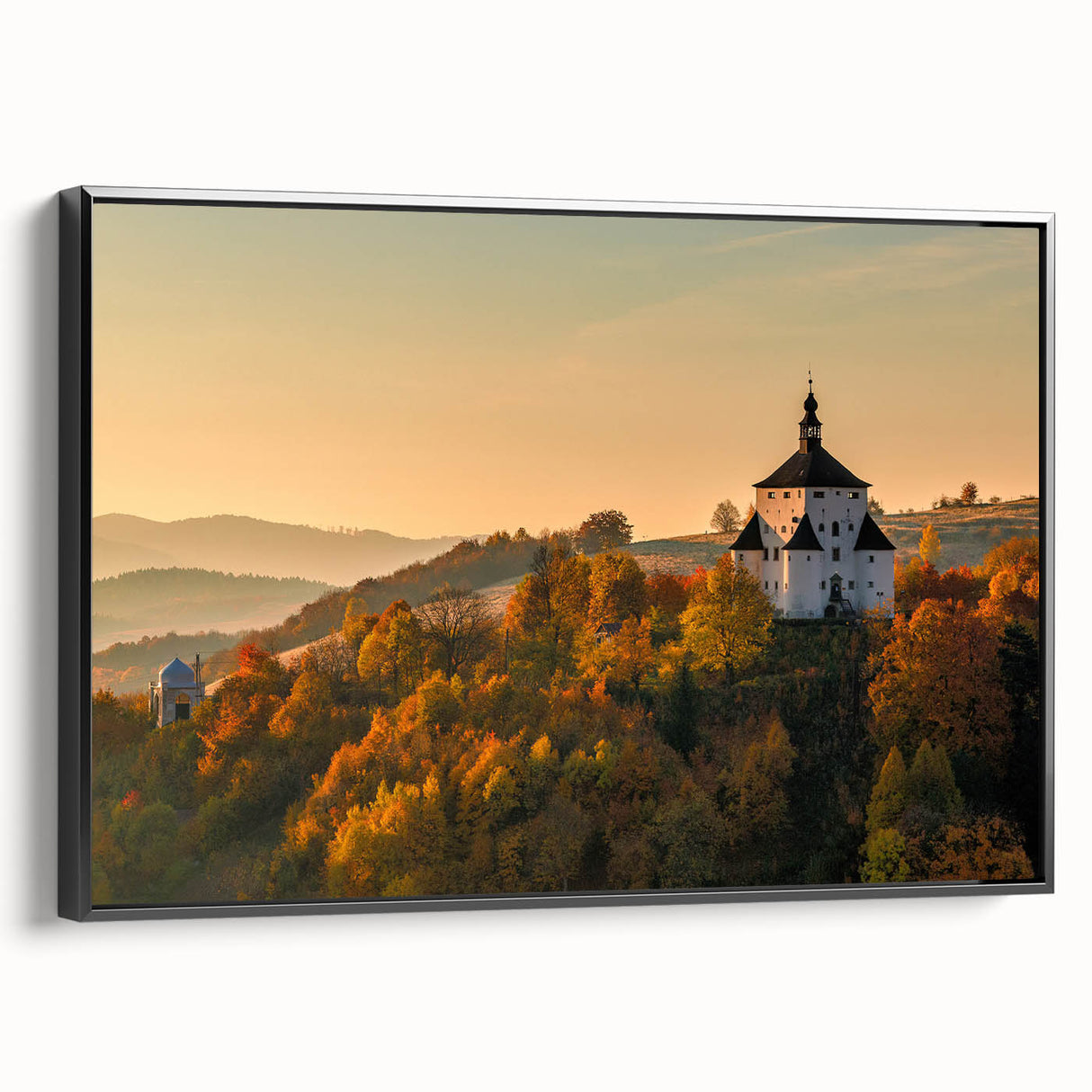Black and white framed canvas of a vintage Slovakian landscape, ideal for bedroom wall art.