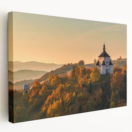 Large art depicting a European Slovakian scenery in muted earth tones on stretched canvas, ideal for kitchen wall decor.