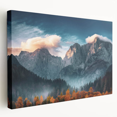 Large art featuring a scenic view of a Slovenian landscape on stretched canvas, ideal for kitchen wall art.