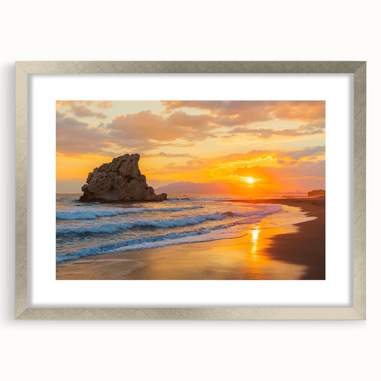 Abstract art print of Andalucia landscape in muted earth tones on a framed silver mat, ideal for dining room decor.