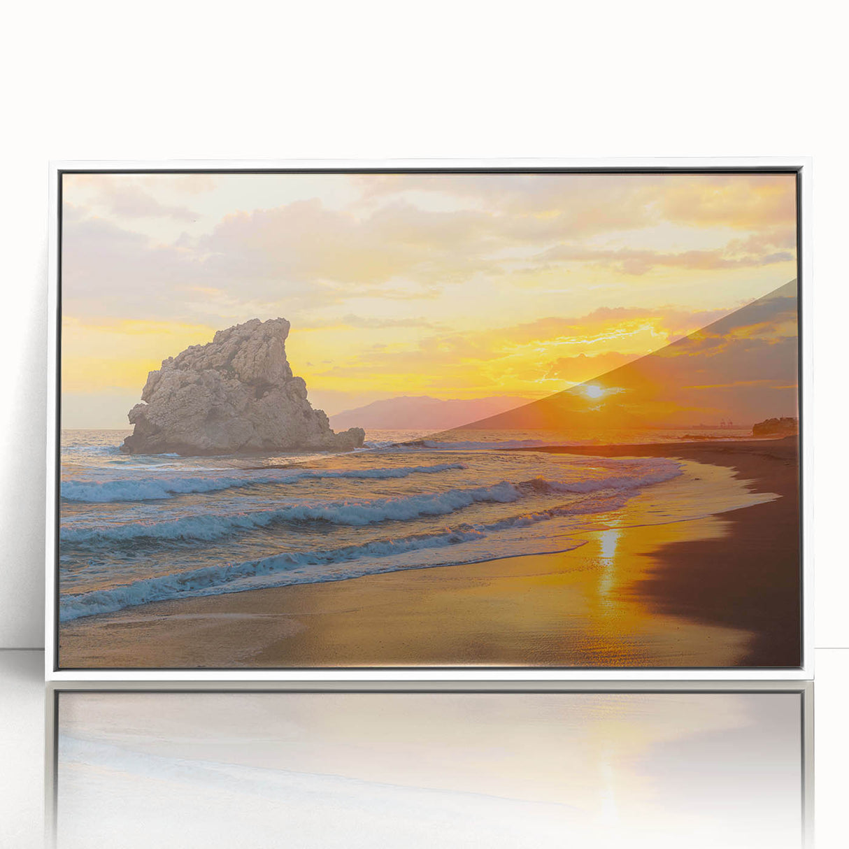 Large art print of Andalucia, Spain scenery in mid-century modernist style, framed in white acrylic.