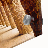 Large abstract wall art depicting Barcelona scenery in muted earth tones on acrylic glass, perfect for dining room decor.