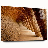 Large abstract depiction of Barcelona skyline in muted blues and greens on acrylic glass.