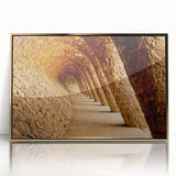 Art Deco poster of Barcelona scenery in muted gold tones, framed acrylic, ideal for modern art wall decor.