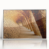 Mid-century modernist art depicting Barcelona scenery in muted earth tones on a framed acrylic.