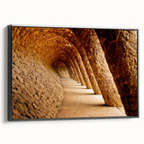 Framed canvas featuring a black and white vintage poster art of Barcelona landscape, suitable for bedroom wall decor.