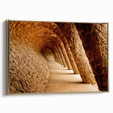 Framed canvas of a vintage Barcelona landscape in muted gold and black tones, ideal for bedroom wall decor.