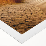 Art deco poster of Barcelona skyline in muted gold and blue tones on rolled canvas, ideal for dining room wall art.