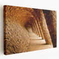 Side view of a stretched canvas depicting the Barcelona skyline in muted earth tones, ideal for kitchen wall art.