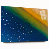 Large abstract wall art of a European scenery in vibrant colors on acrylic glass, ideal for bedroom or dining room decor.