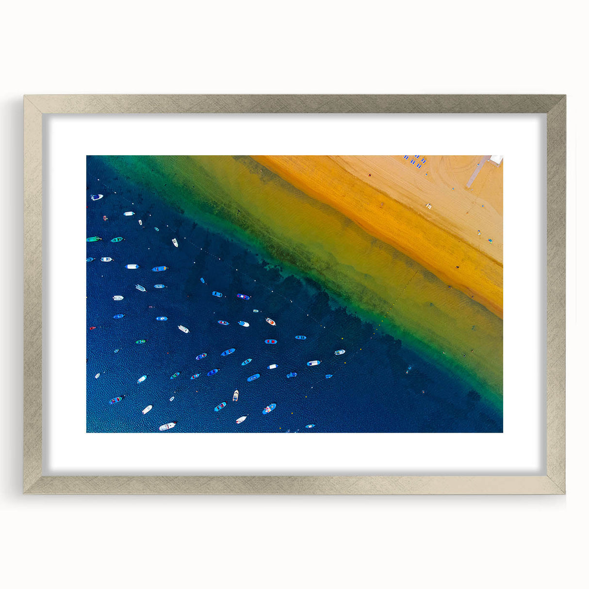 Extra large abstract art print of a textured European scenery in muted earth tones, framed in silver.