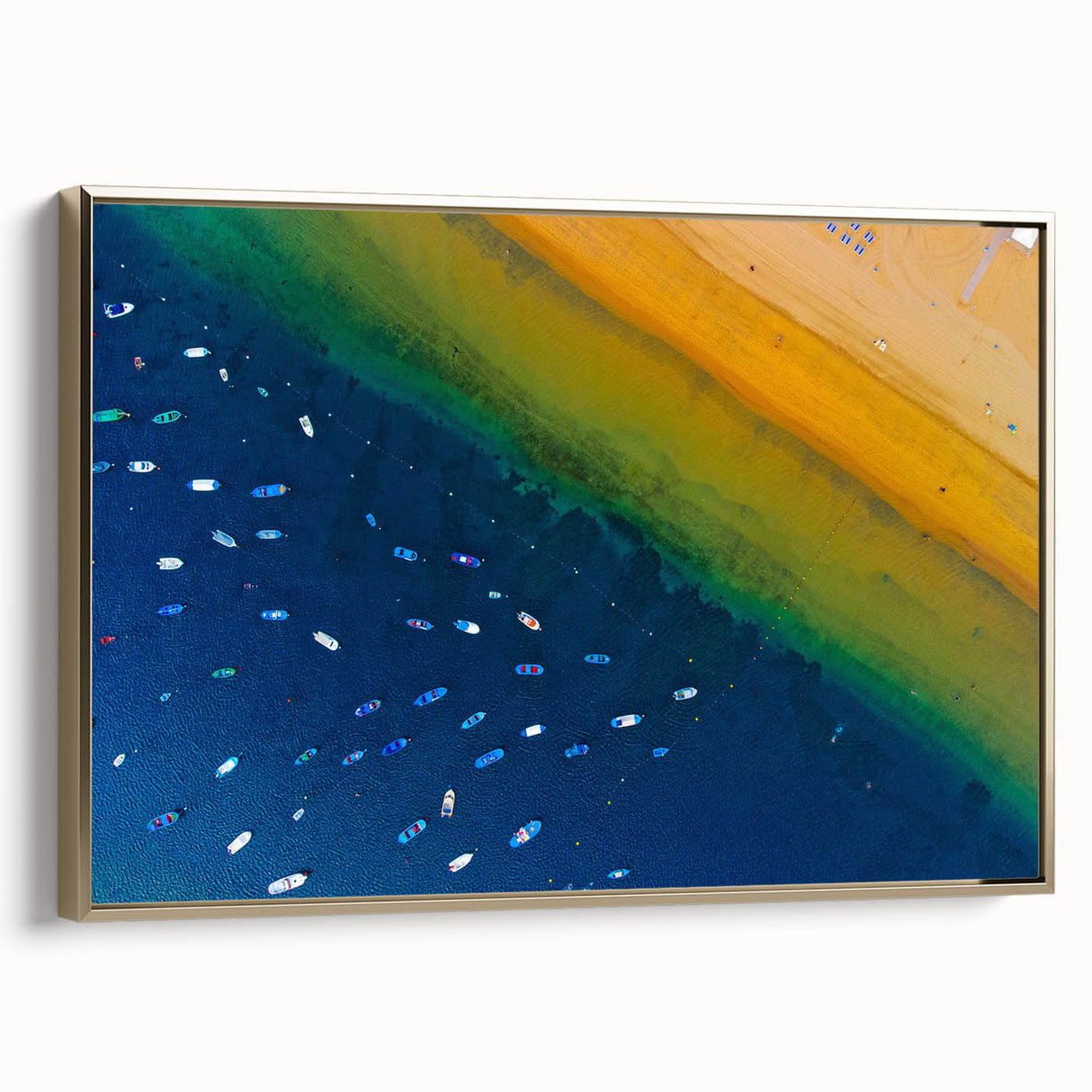 Framed canvas featuring a vintage-style landscape painting of the Canary Islands, with muted gold and black tones.