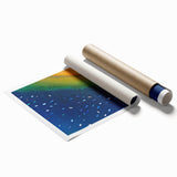 Rolled print of a scenic European landscape with vibrant green and blue tones, ideal for classy bathroom wall art.