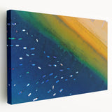 Panoramic view of a European coastal town in muted blue and white tones on a stretched canvas, ideal for kitchen wall art.