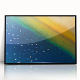 Large abstract wall art depicting a vibrant European scenery in mid-century modernist style, framed in black acrylic.