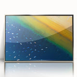 Mid-century modernist art depicting a serene European landscape in soft earth tones on a silver-framed acrylic print.