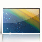 Art deco poster of Canary Islands scenery in muted blue tones, framed acrylic, ideal for modern nursery wall decor.