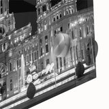 Large abstract wall art of Madrid's skyline in muted earth tones on acrylic glass, ideal for dining room ambiance.