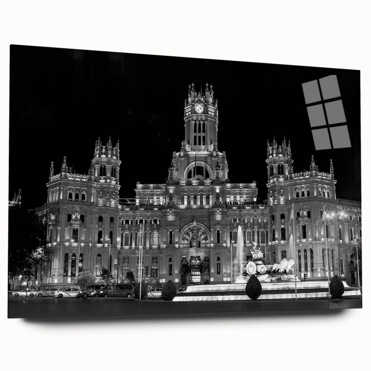 Large abstract wall art of Madrid cityscape in muted gray tones on acrylic glass, suitable for bedroom or dining room decor.