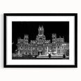 Extra large abstract art print of colorful Madrid scenery in textured style, framed with black mat.