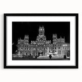 Extra large abstract art print of colorful Madrid scenery in textured style, framed with black mat.