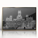 Large art print of Madrid scenery in muted gold and gray tones on framed acrylic, styled in mid-century modernist design.