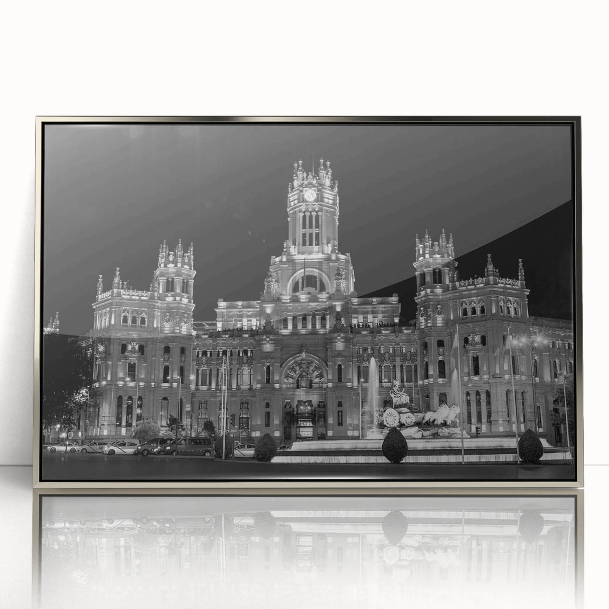 Mid-century modernist art depicting a serene Madrid landscape in soft pastel shades on a silver-framed acrylic print.