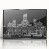 Mid-century modernist art depicting a serene Madrid landscape in soft pastel shades on a silver-framed acrylic print.