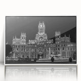 Art deco poster of Madrid skyline in muted gray tones on framed acrylic, suitable for modern art wall decor.