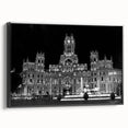 Black and white vintage poster art of Madrid landscape on framed canvas, suitable for bedroom wall decor.