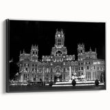 Black and white vintage poster art of Madrid landscape on framed canvas, suitable for bedroom wall decor.