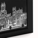 Extra large framed canvas of a textured Madrid cityscape in black with vibrant colorful accents, ideal for living room decor.