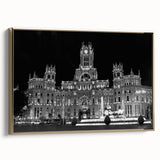 Framed canvas depicting a vintage-style landscape of Madrid with muted gold and black tones, ideal for bedroom wall art.