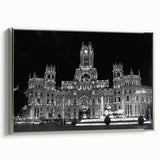 Landscape art painting of Madrid with colorful vintage poster art style on framed canvas, ideal for living room decor.