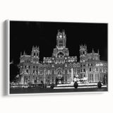 Vintage poster art of Madrid skyline in vibrant colors on extra large framed canvas, ideal for living room decor.