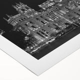 Art deco poster of Madrid skyline in muted earth tones on rolled canvas, suitable for dining room decor.