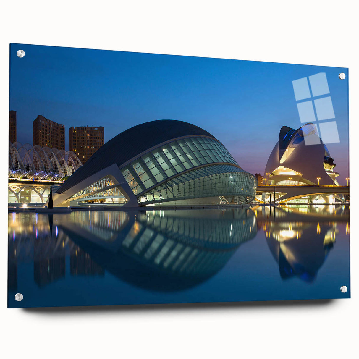 Acrylic print of a large abstract depiction of Valencia with vibrant colors, ideal for dining room decor.