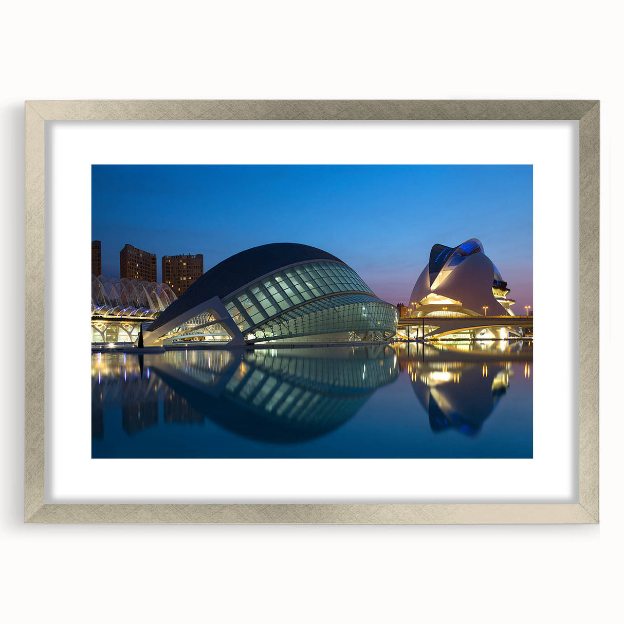 Textured abstract art print of Valencia scenery in muted earth tones, framed with a silver mat, ideal for bedroom wall decor.